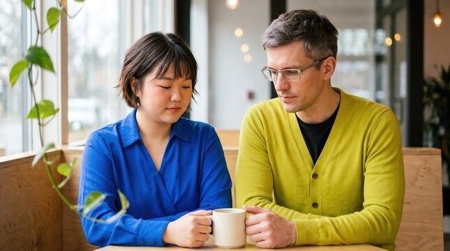 Två personer sitter tysta med kaffe och ser eftertänksamma ut